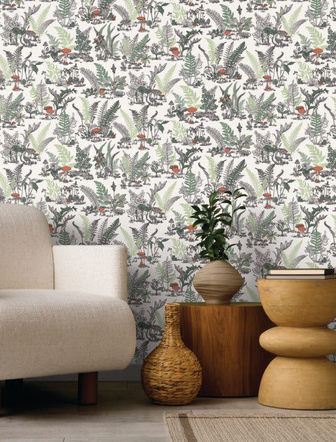 York RT7891 Mushroom Garden Toile Wallpaper